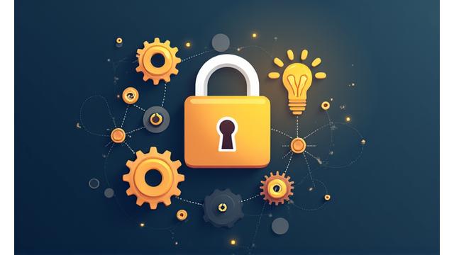 Illustration abstraite de symboles de propriété intellectuelle: un cadenas, une idée lumineuse, et des engrenages, sur un fond stylisé.