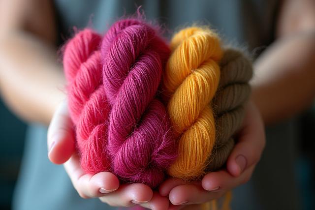 Hand, die verschiedene Bündel von farbigen Garnen aus Naturfasern hält